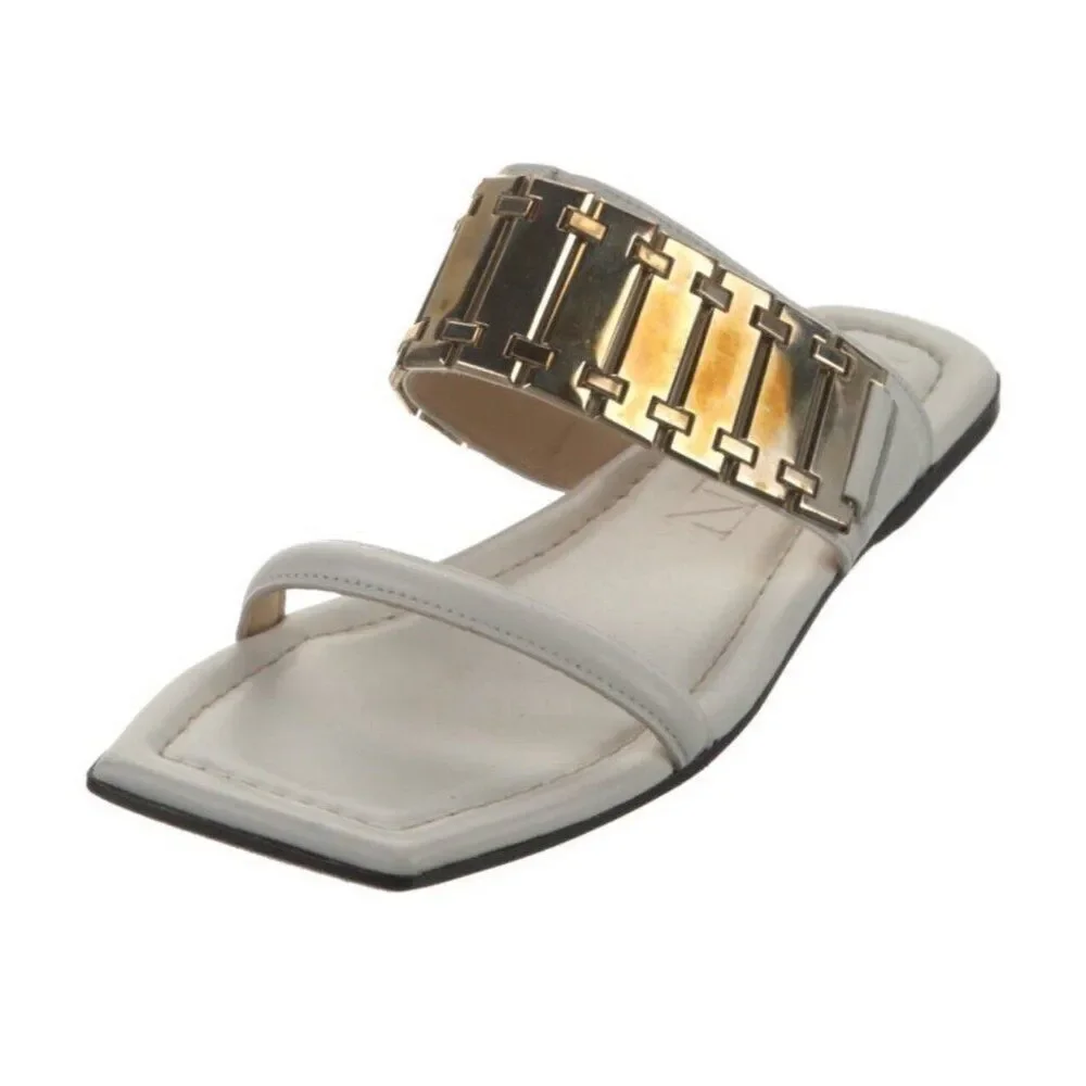 Lanvin White and Gold Leather Slide Sandals